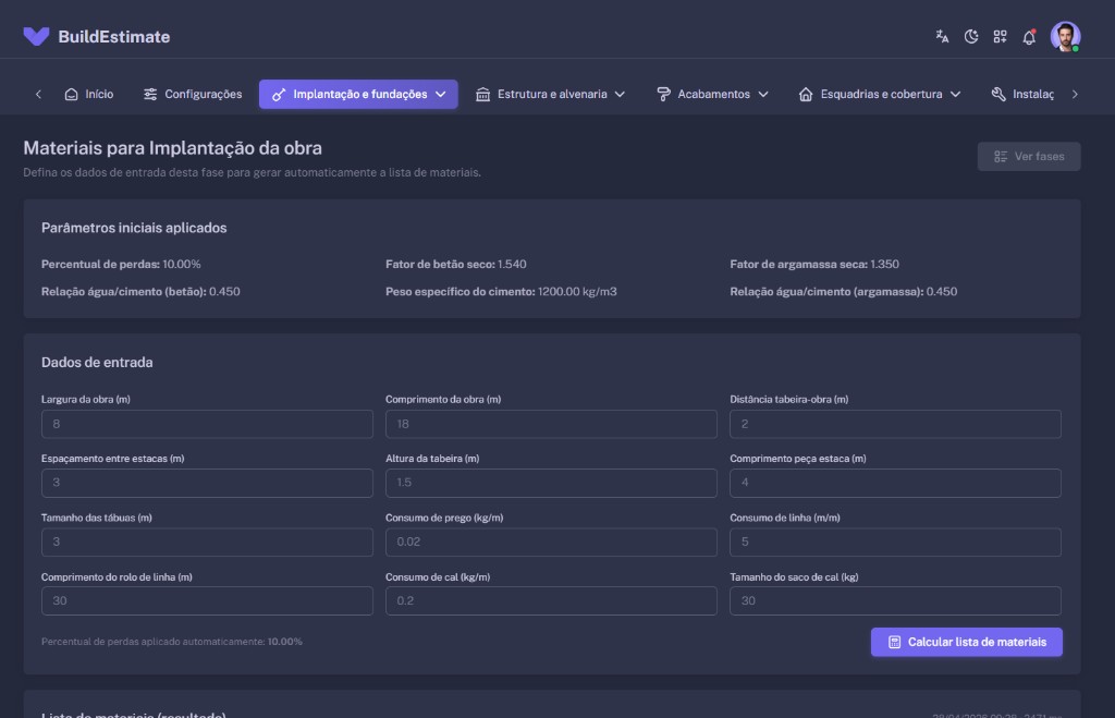 Painel de quantificação BuildEstimate